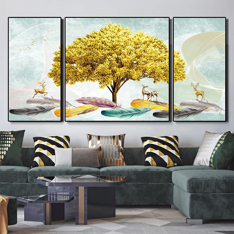 3 Panels Artworks Golden Deer Fortune Tree Feather Nordic Decor Living Room Home Wall Art Poster Picture Prints Canvas Paintings