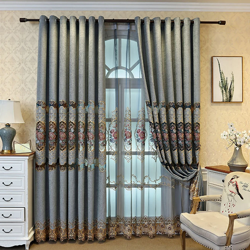 Classic modern luxury macrame chenille turkish  embroidery blue window curtains