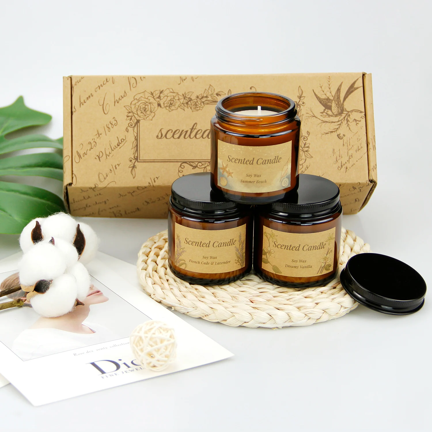 Custom Labels Aromatherapy Soy Wax Amber Glass Jar Scented Candle Set Of Three