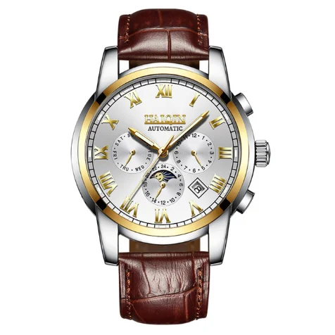 HAIQIN  Men Luxury Brand Men Automatic Mechanical Watch Brown-Gold Leather  Business  Man Watches Relogio Masculino