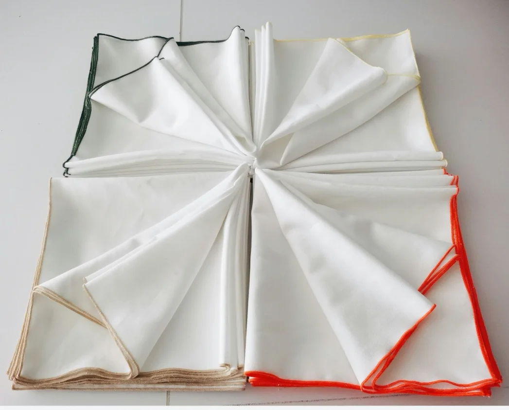 scalloped edge embroidery  hem high quality French pure flax linen napkins with stone washing for wholesale