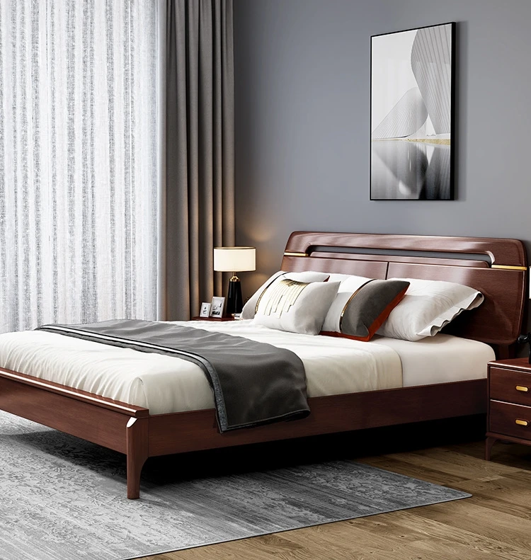 Solid wood bed modern light luxury solid wood kingdom size red sandalwood golden wedding bed bedroom furniture