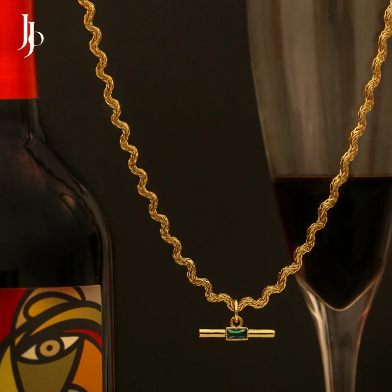 JOJO Fashion 2023 luxury 18k gold plated vintage curved chain design necklace jewelry emerald zirconia dainty necklaces women