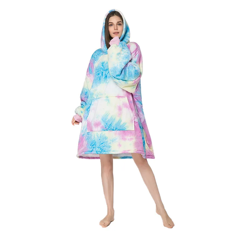 Wholesale Flannel Sherpa Tie Dye Printed TV Blanket Hoodie allover printing Wearable Blanket oversized Tie-Dyed Hoodie Blanket