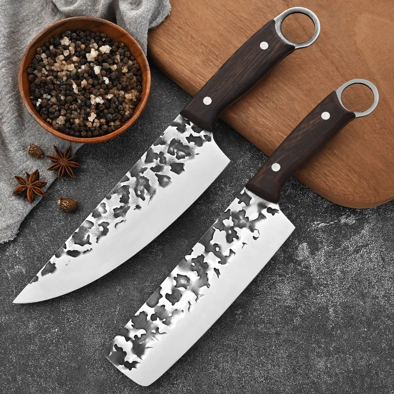 Kitchen Knives Hot Sell Wenge Handle Rivet Integral 8 Inch Chef Knife With Anti-Rusting Hammered Blade