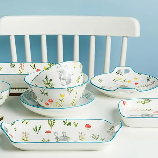 Ceramic Tableware Cute Animal Design Dinnerware Sets Chinaware Binaural Baking Tray Heart Shape Plate Bowl China for 4 Users