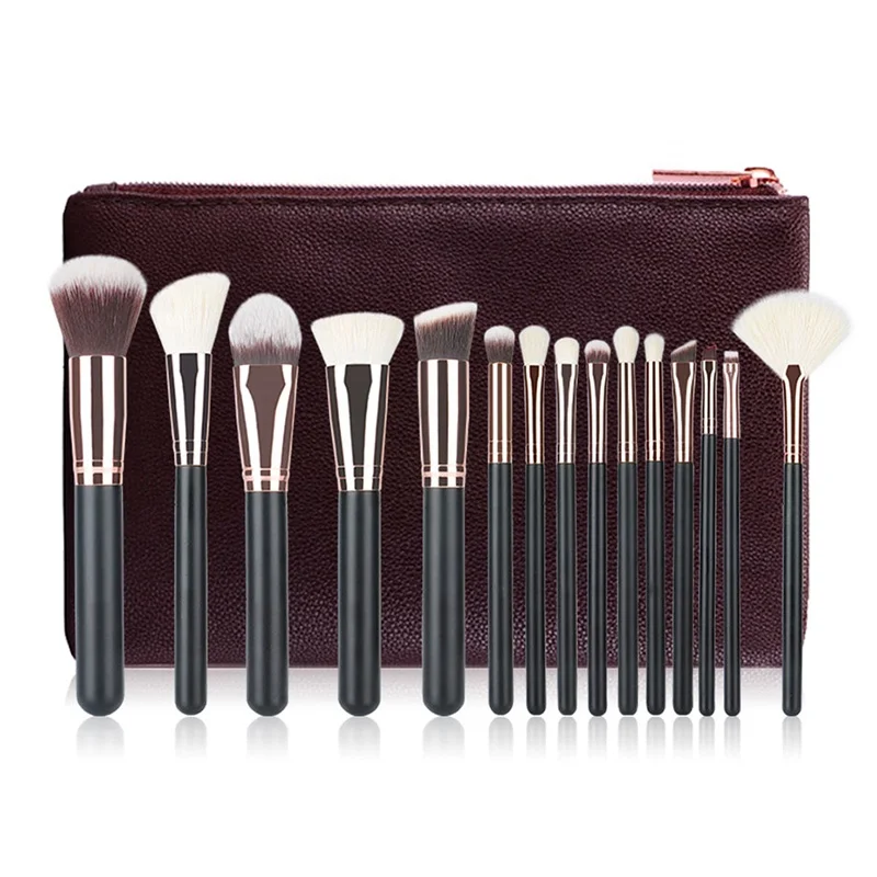 Miyaup Best Selling Cosmetics Makeup Set 15pcs Custom Logo Makeup Brushes With Brown PU Bag Case Rose Gold Makeup Brush Kit