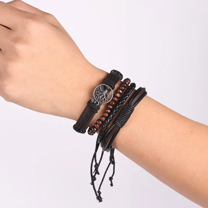 4pcs/ Set Braided Wrap Vintage Life Wristbands Magnetic Bangle adjustable leather customizable bracelet man for men