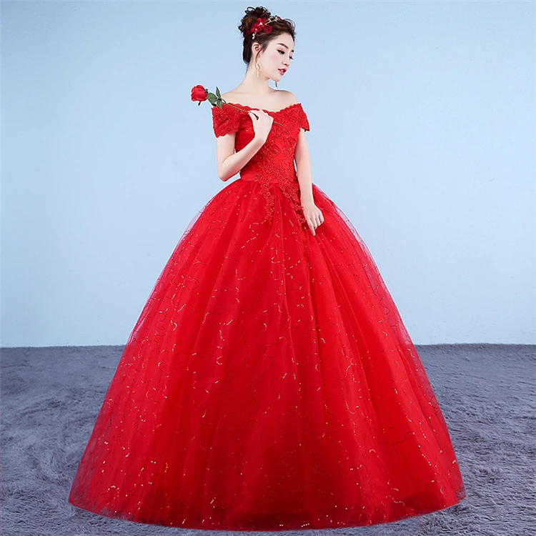 Bride Adult Ceremony One Shoulder Korean Style Custom Size Floor Length 2021 Wedding Dress Lace Red Wedding Dresses