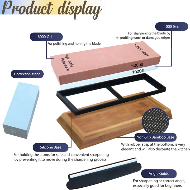 1000/6000 grit four-piece whetstone set Oil stone double sided with correction stone anti-skid bamboo base and angle guide
