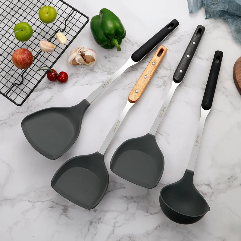 Hot Sale SUS304 Stainless steel Handle Silicone Kitchen Cooking Tools Stand Kitchenware Spatula Silicone Kitchen Utensils Set