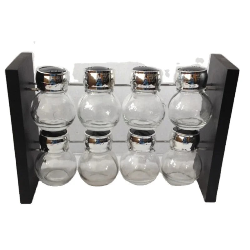 removable 8 pcs glass spice bottle set with wood stand spices glass container set