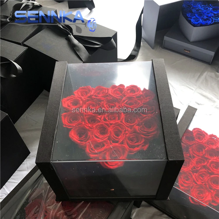 
2020 new product heart shape preserved rose in Jewelry Box with acrylic lid 