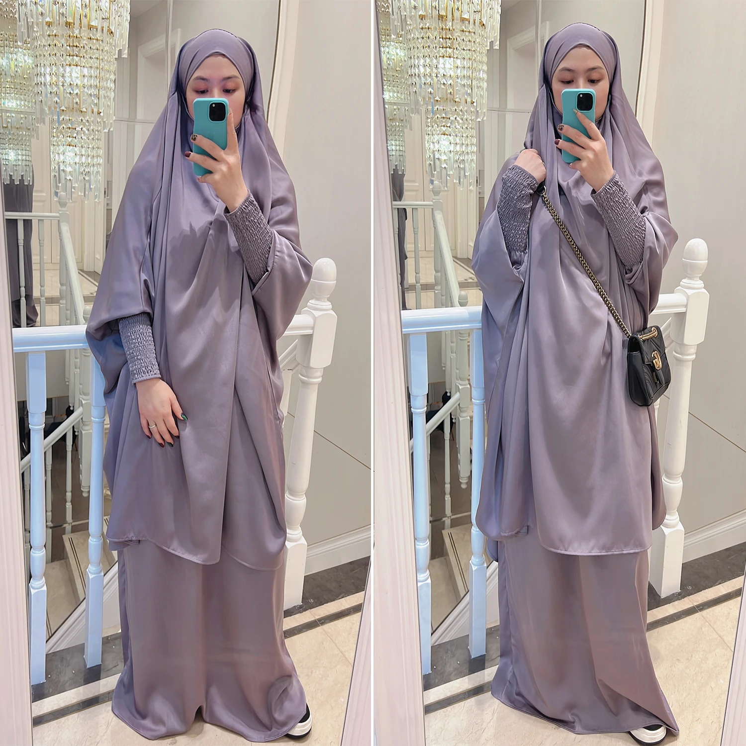 Eid Solid Color soft satin traditional prayer muslim Islamic Clothing Modest Khimar Hijab Abaya 2PCS Set for Abaya Dubai Women