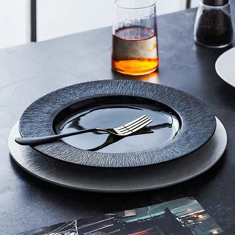 11.85 inch white antique porcelain flat plate embossing unbreakable dish black ceramic  restaurant home serving round dishes