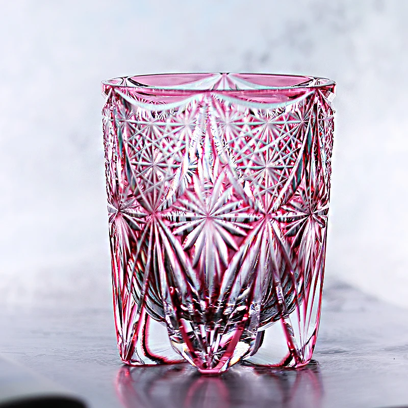Edo Kiriko Handmade 240ML Crystal Shot Glass Luxury High Quality Pink Wine Sake Whiskey Vodka Glasses Hand-Carved Box Water Beer