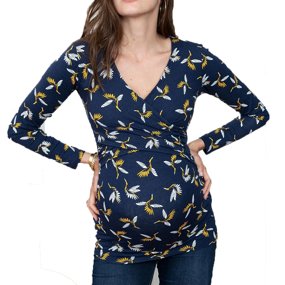 
New Arrival Pattern Stripe Print Maternity T-shirt Cross Over Design Long Sleeve Women Nursing Tops Breastfeeding 
