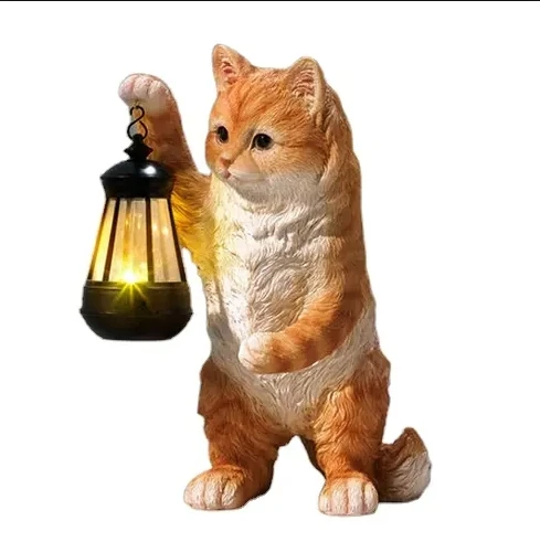 Resin cute brown cat with LED lanterns decorate the garden statue