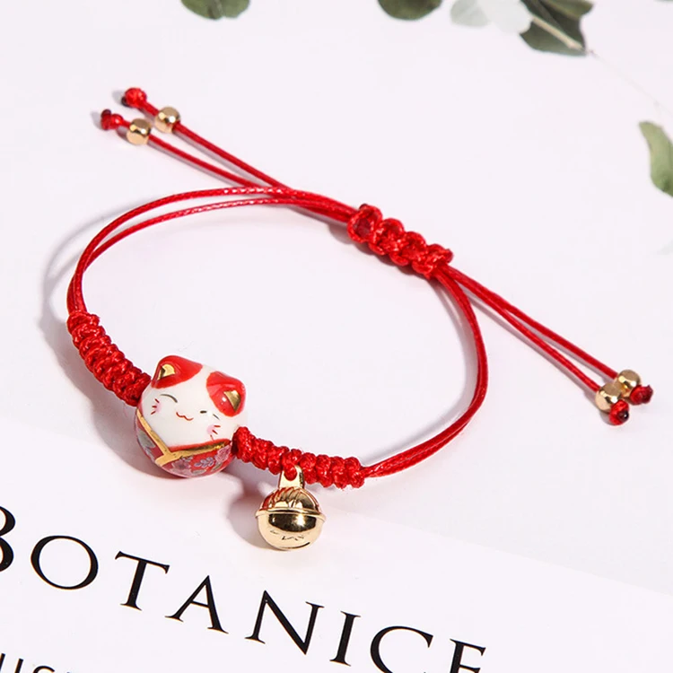 Simple Cute Ceramic Beckoning Cat Custom Beaded Bracelets Glass Bead Friendship Bracelets Red Rope Woven Bracelet