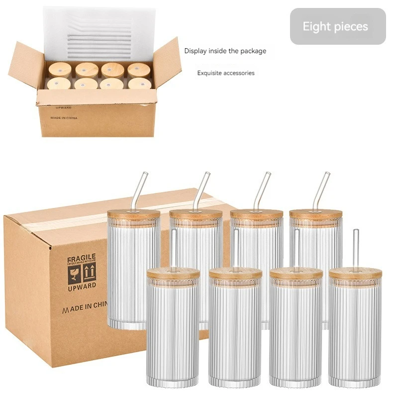 vertical grain Lid Drinking Glass Coffee 380ml Glass Cup Drinking Ribbed Clear Drinking Beverage Glass Cup With Straw