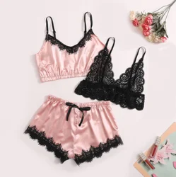3 Piece Piyama China Nuit Lace Women Sexy Nighty Pajama Ladies Lingerie Sleepwear Silk Pajama Shorts Set
