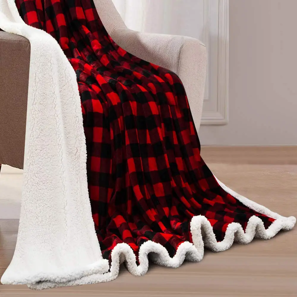 Christmas Sherpa Plaid Printed Super Soft Custom Plush Sherpa Fleece Throw Blanket for Sofa Bed