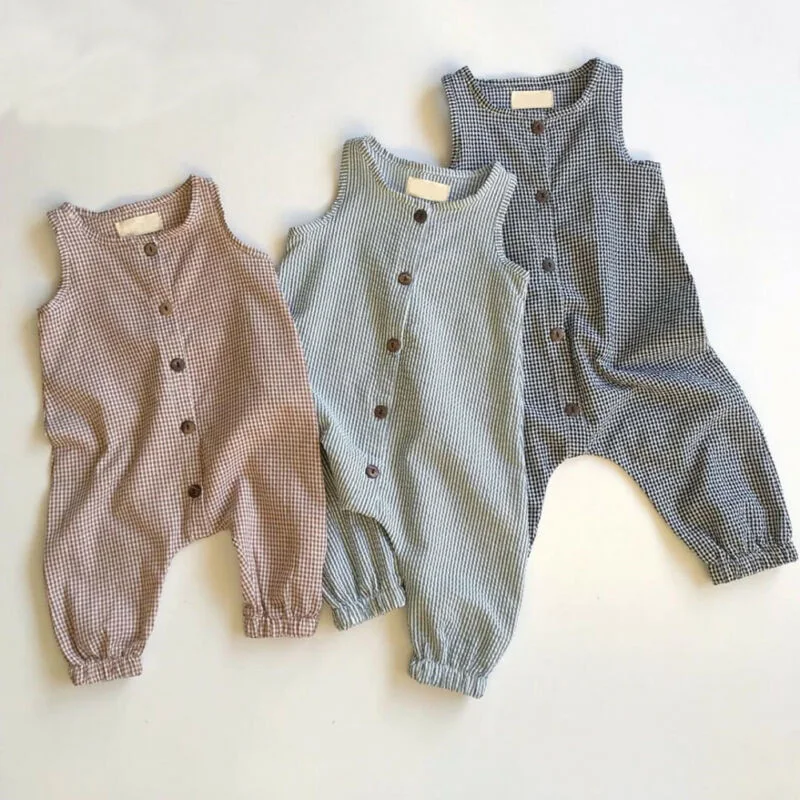 
High Quality Covered Button Cotton Lattice Sleeveless Summer Plain Korean Newborn Baby Bodysuit Rompers 
