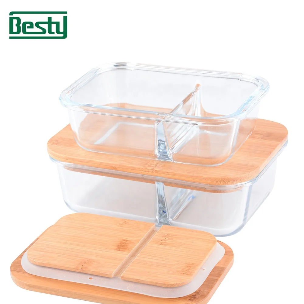Environment- friendly kitchen borosilicate glass bamboo food storage container lid Bento Lunch Box