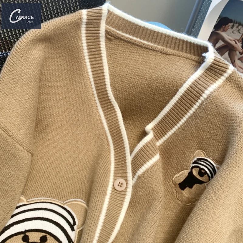 Candice 2023 fall Cardigan cartoon v neck jacquard embroidery cute knitted sweaters women