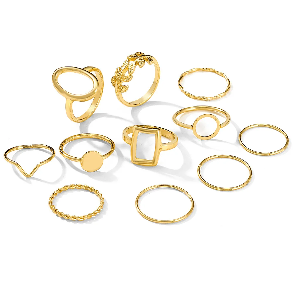 Bohemian Minimalist Metal Finger Ring Vintage Gold Geometric Hollow Metal Knuckle Ring Set for Women/