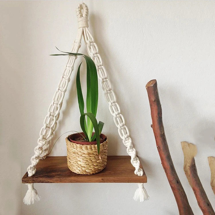 1 Tier Plant Holder Wall Rack Macrame Cotton Rope Tassels Handcraft Wall Shelves Home Decor for Living Room