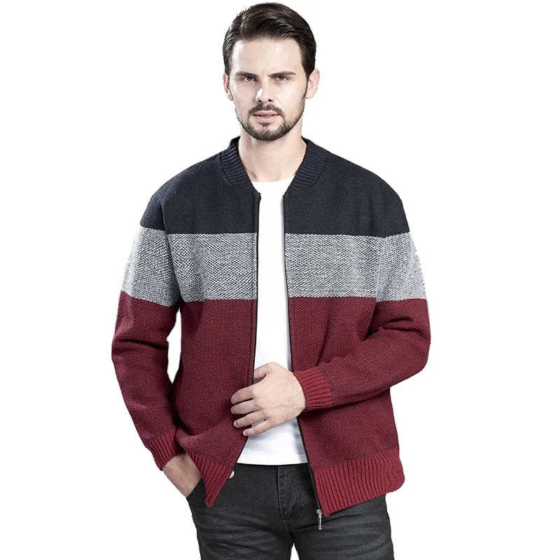 O Neck Long Sleeve Grey Color Block Zip Up Mens Cardigan Sweater For Men