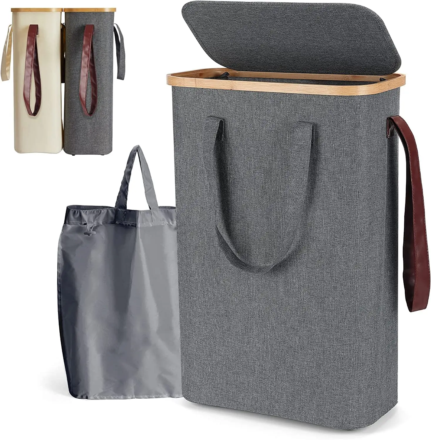 52L Slim Laundry Basket Collapsible Narrow Laundry Hamper with Removable Washable Laundry Bag