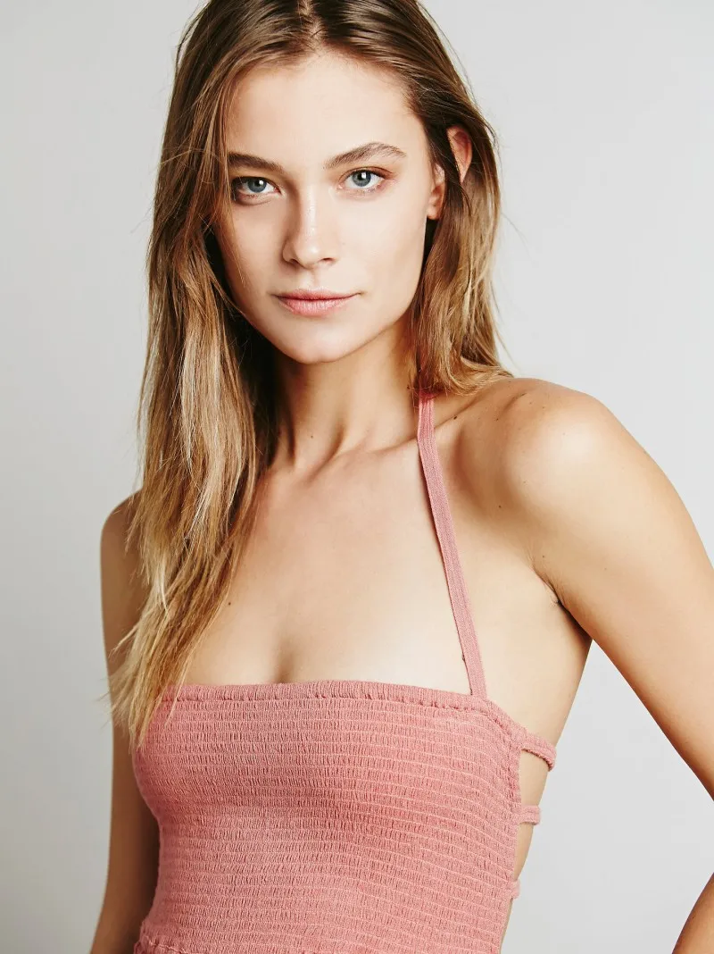 Summer New Boho Crinkly Strapless Maxi Dress Halter Tie Beach Linen Dresses Seam Hem Low Strappy Back Casual Dress