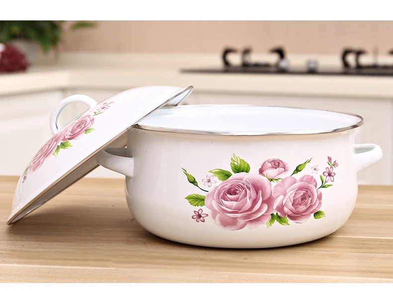 High quality cooks tradition enamel camping pot 5 Pcs Enamel Pot Sets with Decal Flower Cover