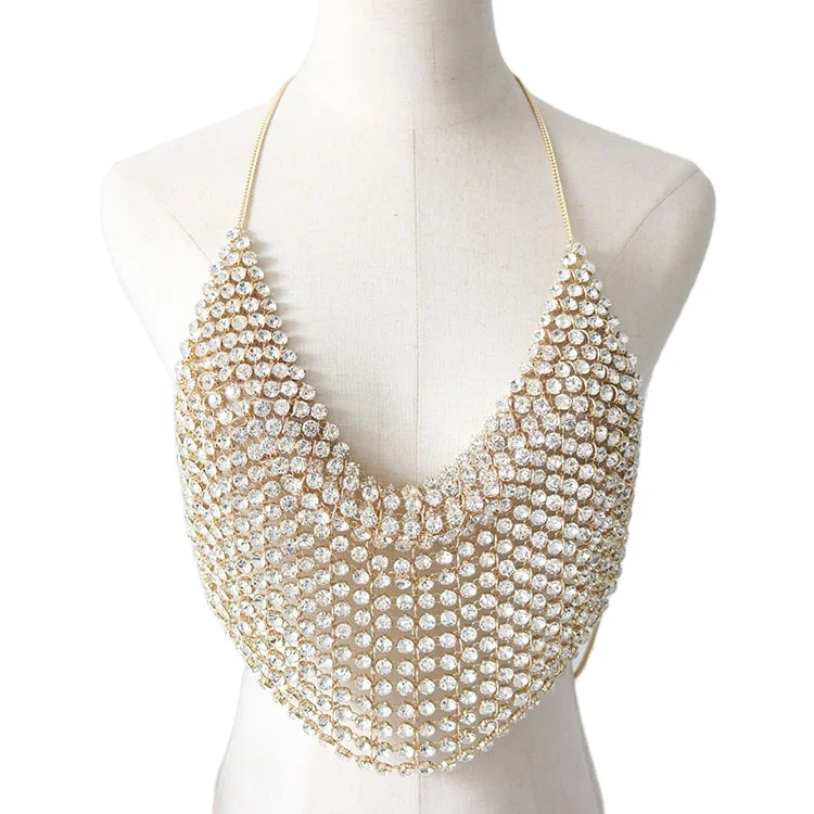 Latest design gold color body chain jewelry sexy big rhinestone women body chain bra