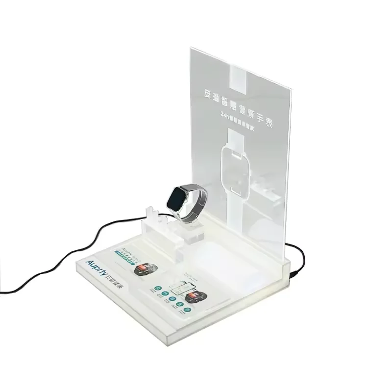 Customized high quality desktop acrylic eyewear retail display stand with LED lights for watch shop counter display stand