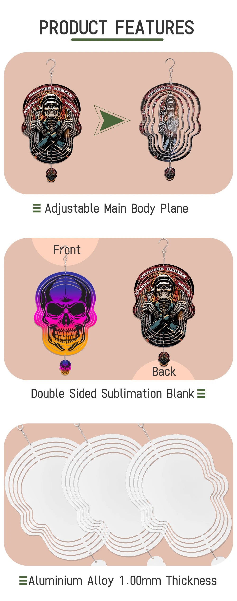 Subbank 8 Inch 10 Inch Metal Aluminum Wind Chimes Spinners Sublimation Blank Double Sided DIY Garden Sublimation Wind Spinne