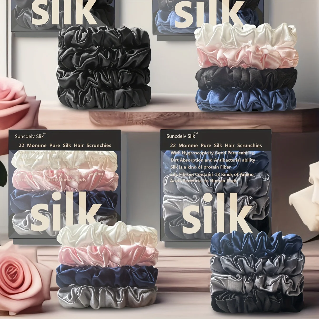 22momme Custom logo Label 2cm Silk Elastic Rubber Band Ponytail Holder 100% Mulberry Silk Hair Scrunchies