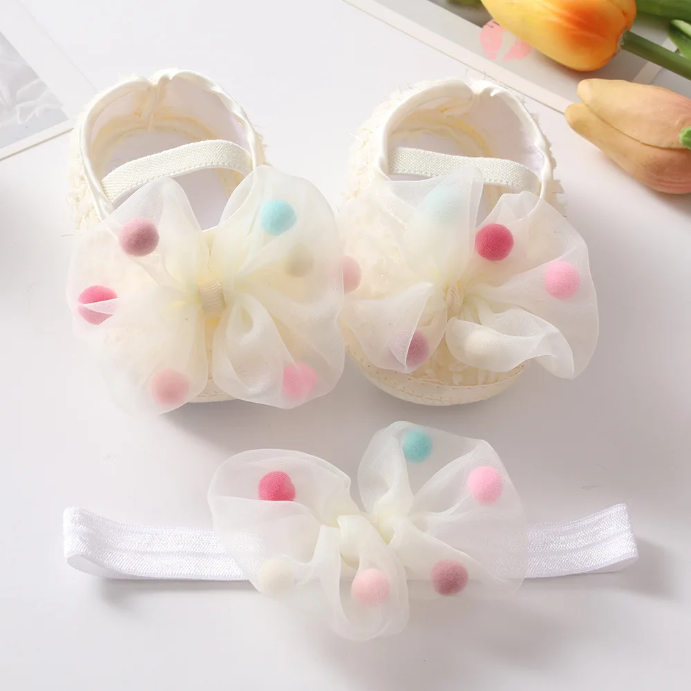  Summer Baby Cute Shose Girl Bowknot Princess Toddler Soft Sole Walking Shoes Headband