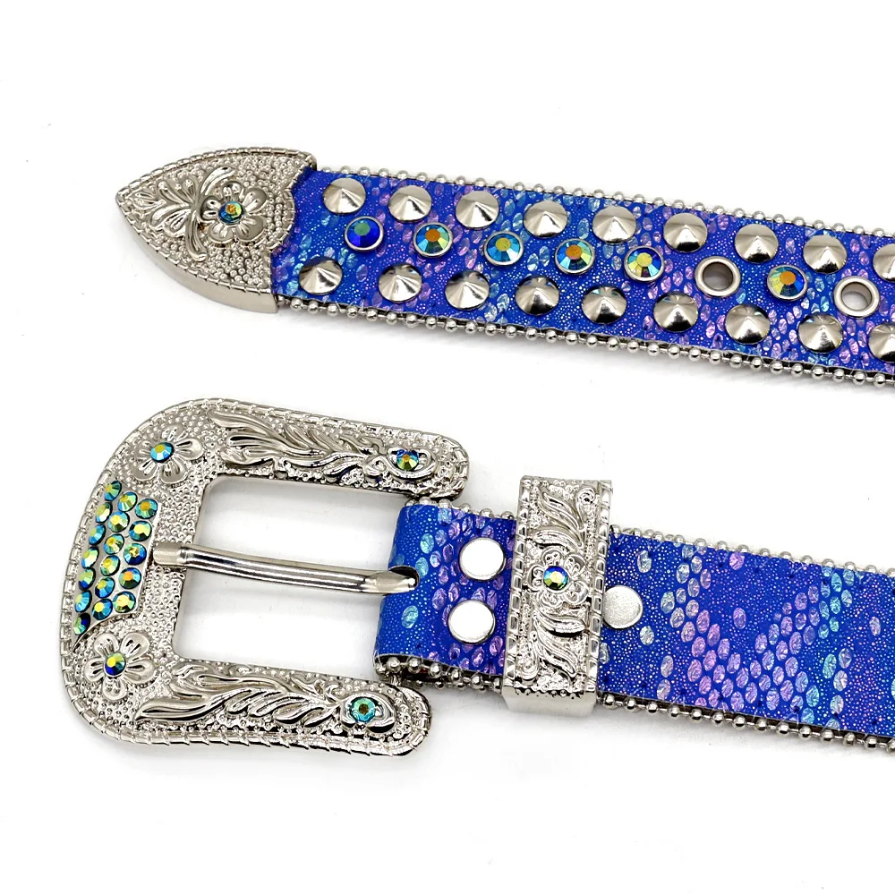 New Style Western Cowboy Rhinestone Belt Blue Color Diamond Studded Punk Design Woman Belt