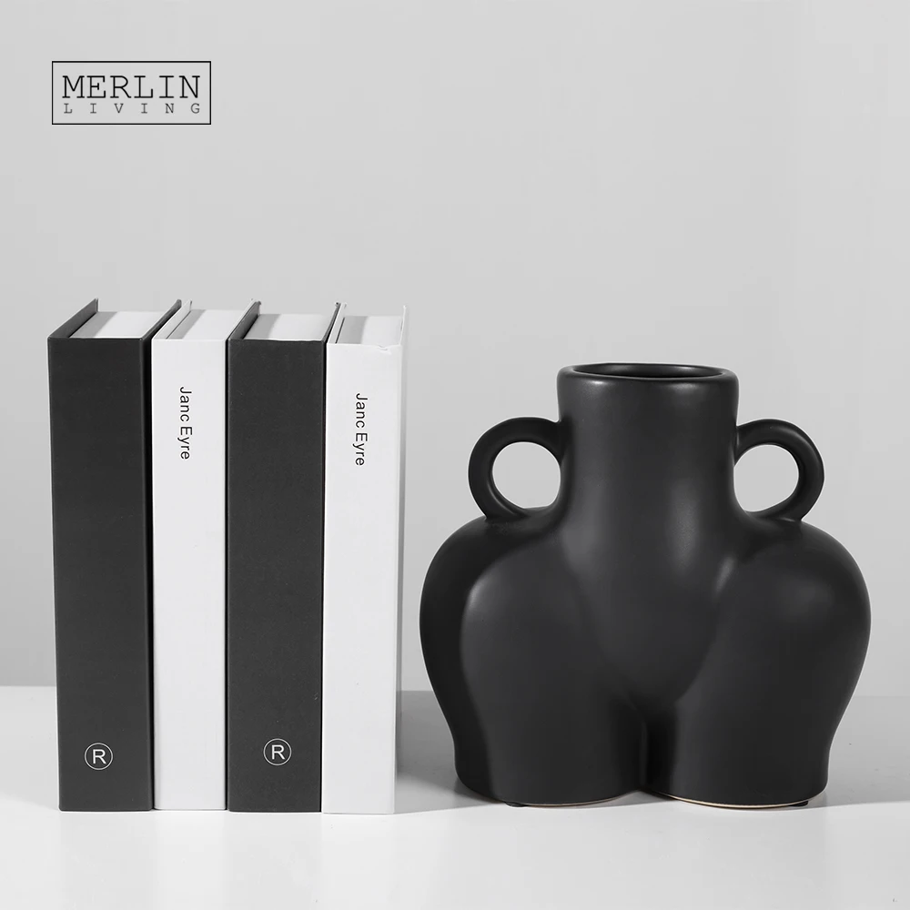 Merlin Living Matte Human Body Sculpture Ceramic Nude Art Butt Vase Modern Home Decor Vase Modern for Black Vase Decoration
