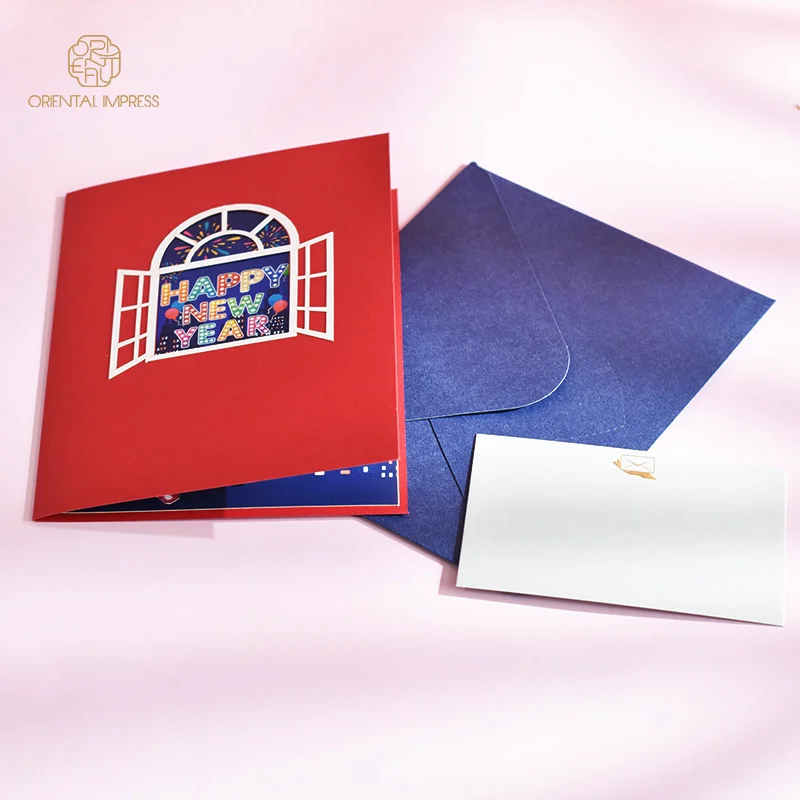 High Quality 3D Happy New Year Pop Up Season Greeting Card with Envelope