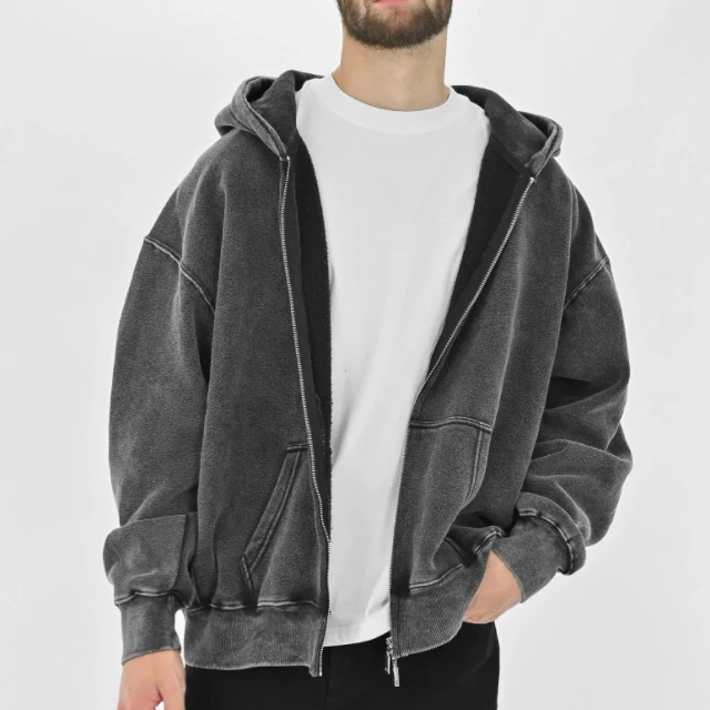 Custom Logo Vintage No Drawstring Blank Heavy Cotton Two-Way Zip Up Gray Washed Hoodie For Men