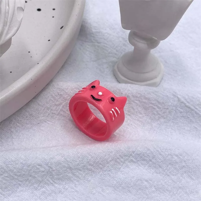 Cute Cats Kitten Resin Acrylic Ring Small Animal Cartoon Three-Dimensional Knuckle Ring Chunky Index Finger Joint Ring Women