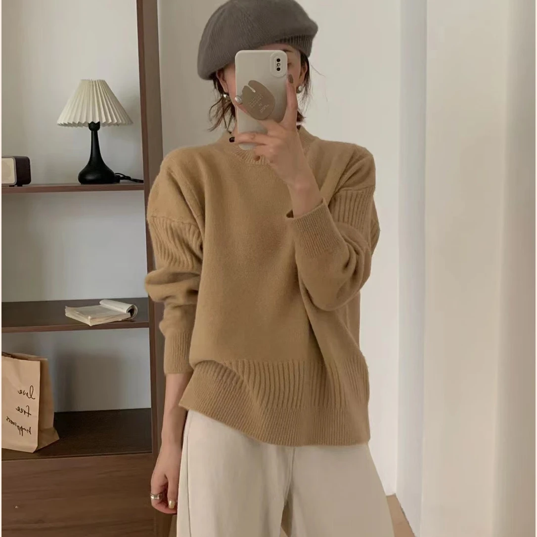 2024 Spring women high quality crew neck morandi color  long sleeve oversize cable knit pullover sweater jumper