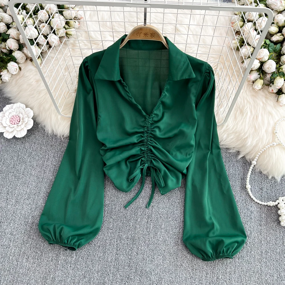 Wholesale 2022 Summer New Hot Girl Style Pure Desire Temperament V-neck Pullover Pleated Drawstring Long-sleeved Shirt