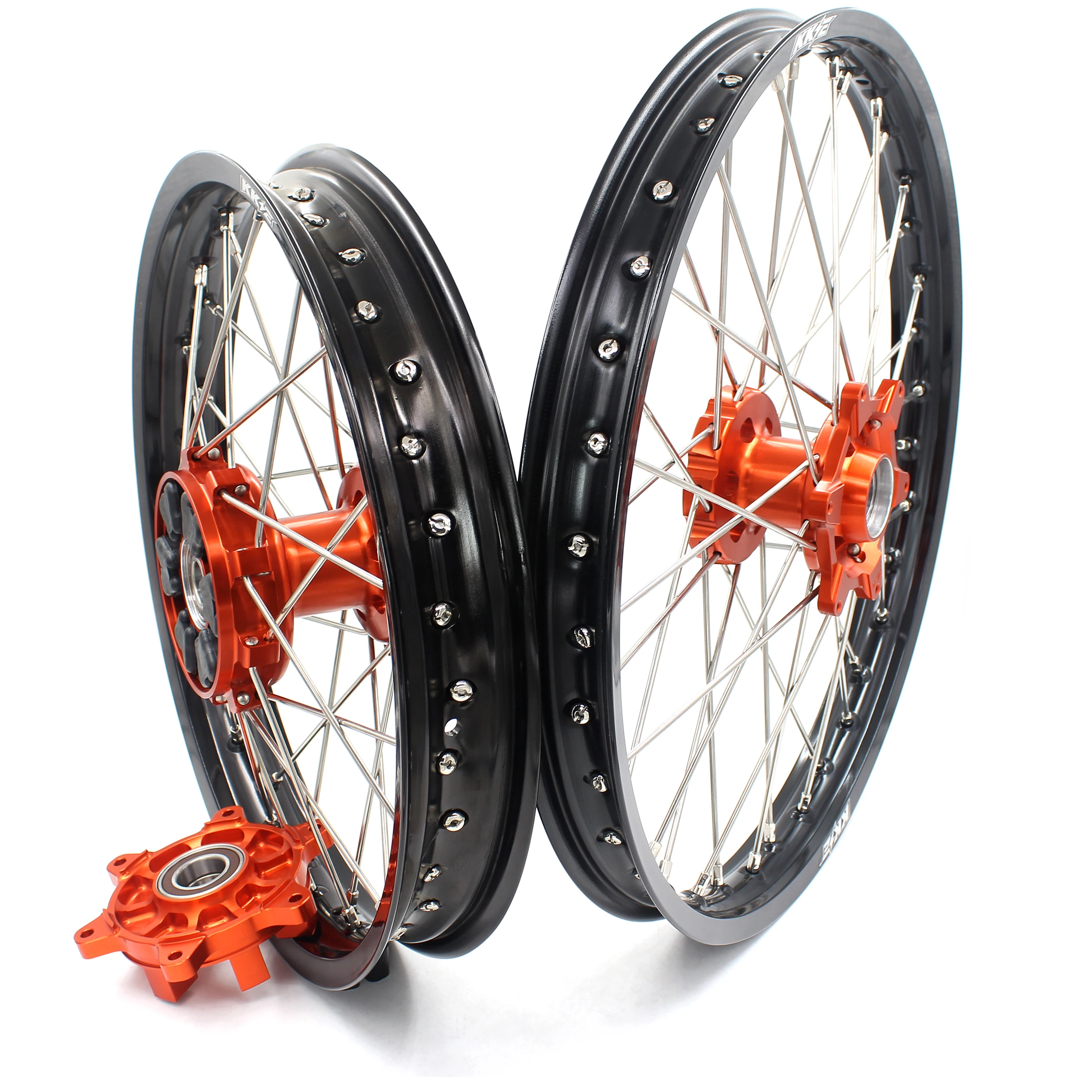 KKE 21/18 Cush Drive Wheels Set Compatible with KTM EXC XCF SMC SXF 125 250 450 530 Aluminium Anodized Orange Hub