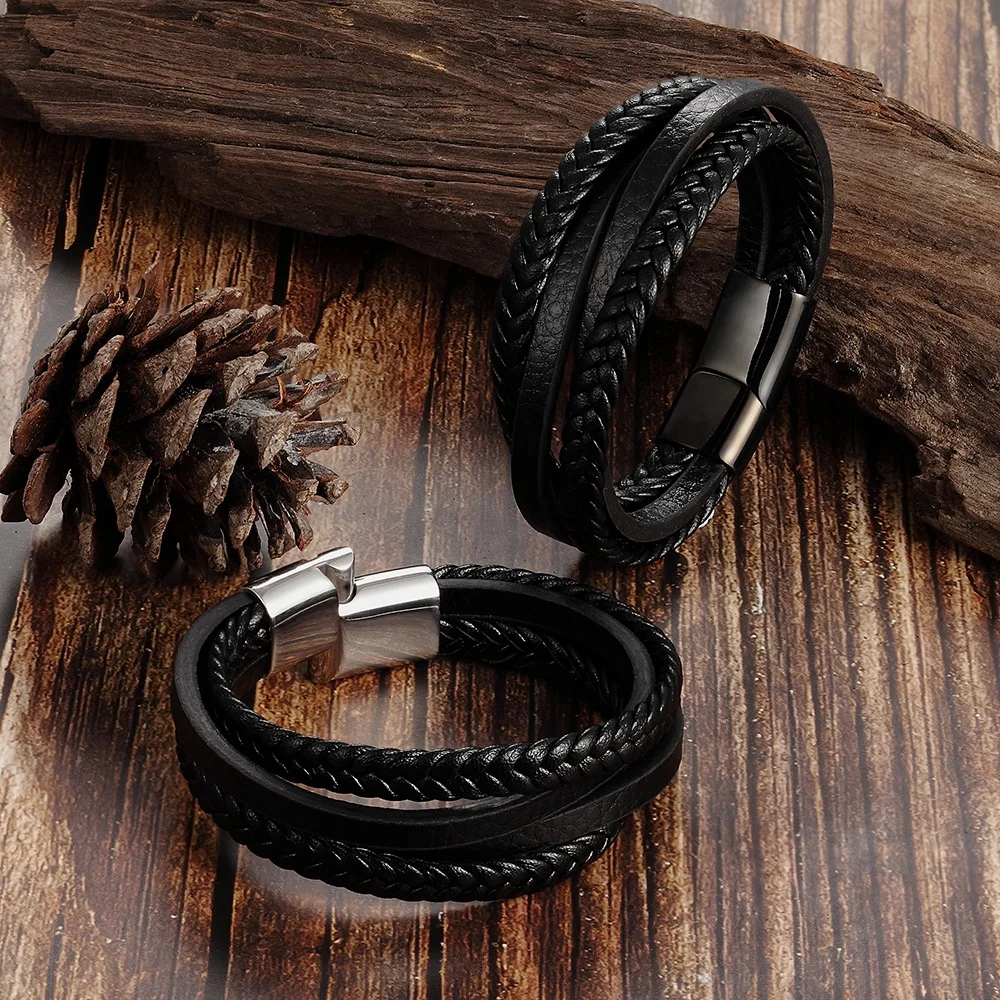 Trendy Men jewelry magnet close stainless steel charm  Genuine Leather Multi Layered rope  Leather bracelets for boy