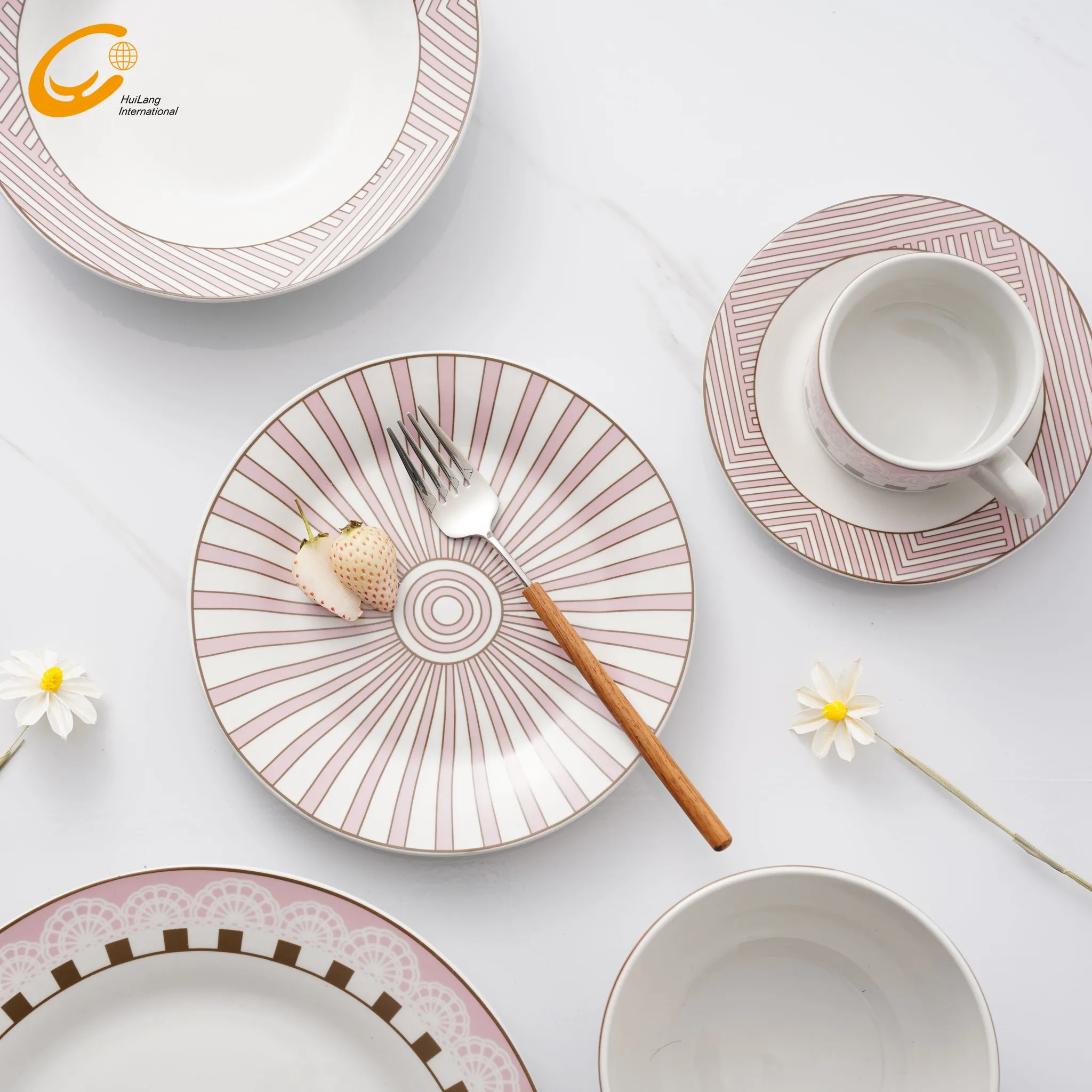 Huilang Ceramic Dinner Set Pastoral Pink Garden Style Porcelain Tableware Coffee cup Dishes Ceramic Dinner Set Kitchen Ceramic
